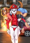 anthro blue_eyes blush bottomwear brown_eyes building bulge butt car carrying_another clothing countershading duo female fire firefighter fireman's_carry footless_legwear form_fitting fur intraspecies legwear male pawpads red_clothing shorts smile smoke spots stockings thigh_highs topwear underwear vehicle vest white_body white_fur diacordst paw_patrol liberty_(paw_patrol) marshall_(paw_patrol) canid canine canis dachshund dalmatian domestic_dog hunting_dog mammal 2022 absurd_res hi_res