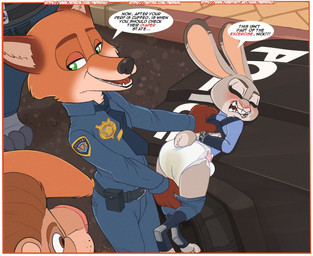 anthro assisted_exposure blue_outfit blush bodily_fluids bottomwear bottomwear_down car clothed clothing dialogue diaper embarrassed exposed_diaper female female_anthro fur genital_fluids grabbing_shoulders green_eyes grey_body grey_fur group male male_anthro orange_body orange_fur outside pants pants_around_ankles pants_down pantsing partially_clothed police police_badge police_car police_uniform police_vehicle text unclean_diaper uniform urine used_diaper vehicle wet_diaper paddedulf disney zootopia judy_hopps nick_wilde canid canine european_rabbit felid fox lagomorph leporid lion mammal oryctolagus pantherine rabbit red_fox rhinoceros true_fox absurd_res english_text hi_res url