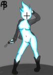 boots breasts clothing female footwear genitals gun handgun jacket looking_at_viewer nipples not_furry pose pussy ranged_weapon revolver shoes solo topwear weapon abtp starbound alien humanoid novakid absurd_res hi_res