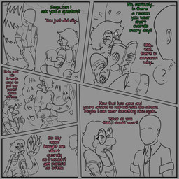 anthro bald biped black_clothing black_panties black_underwear bodily_fluids book bottomwear bottomwear_down butt clothed clothed_anthro clothed_human clothed_male clothing cutaway dialogue disembodied_hand duo embarrassed eyes_closed eyewear feathered_tail feathers femboy flying_sweatdrops frown gesture glasses hand_gesture hand_in_pocket hand_on_butt head_turned holding_book holding_object jacket long_tail looking_back male open_clothing open_jacket open_topwear outside overalls panties pants pants_down partially_clothed pockets pointing question_mark rear_view round_glasses shirt sitting sweat sweatdrop tail talking_to_another text topwear underwear arsenic_iii cavemanon_studios goodbye_volcano_high ko_op_(game_developer) snoot_game anon_(snoot_game) sage_(gvh) dinosaur dromaeosaurid human mammal microraptor prehistoric_species reptile saurischian scalie theropod 1:1 2023 absurd_res black_and_grey comic english_text hi_res monochrome