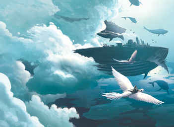 ambiguous_gender fantasy feathered_wings feathers feral flight_comic group riding straddling wings unknown_artist aquatic avian bird cetacean flying_whale mammal digital_media_(artwork)