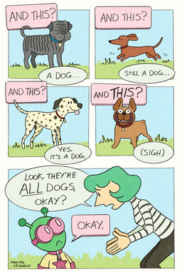 ambiguous_gender answering antennae_(anatomy) asking biped black_bottomwear black_clothing black_pants black_spots bottomwear brown_body brown_fur clothed clothed_female clothed_human clothed_humanoid clothing collar day dialogue eyewear female feral flower fur gloves goggles grass green_body green_hair grey_body grey_fur group hair handwear light_body light_skin looking_at_another open_mouth outside pants pattern_clothing pattern_shirt pattern_topwear plant quadruped shirt speech_bubble spots striped_clothing striped_shirt striped_topwear stripes text topwear white_body white_fur wrinkles making-friendos alien bulldog canid canine canis dachshund dalmatian domestic_dog french_bulldog human humanoid hunting_dog mammal mastiff molosser roswell_grey shar_pei small_molosser toy_dog 2025 artist_name comic digital_drawing_(artwork) digital_media_(artwork) english_description english_text hi_res