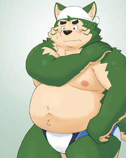anthro belly big_belly blush briefs clothing green_body kemono male moobs nipples overweight overweight_male solo standing underwear yaki_atsuage lifewonders live_a_hero mokdai canid canine canis domestic_dog mammal 2026 4:5 absurd_res hi_res