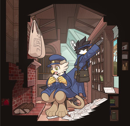 ambiguous_gender anthro avian_arms avian_feet bag bars beak belt black_beak black_body black_feathers blue_clothing book bottomless bottomless_anthro button_(fastener) claws clothed clothing coin container cross_section digitigrade duo envelope feathers fireplace firewood framed_picture fur furniture gem hat headgear headwear hearth inside jar mailbag mantlepiece open_mouth painting post_office red_gem satchel scutes sitting stamp standing stool tail tail_tuft tan_body tan_feathers tan_fur tuft uniform wax_seal white_body white_feathers window yellow_beak yellow_eyes roawayart mythology pascoe_(roawayart) avian gryphon mythological_avian mythological_creature