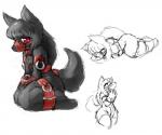 anthro ass_up bdsm biped black_body black_fur black_hair bondage bound frogtied fur gag hair kneeling legs_tied looking_at_viewer multiple_poses muzzle_(object) pose solo sorrynothing canid canine mammal