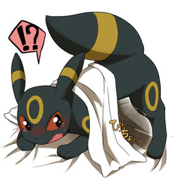 ambiguous_gender bed_sheet bedding bedwetting blush bodily_fluids embarrassed feral genital_fluids interrobang peeing raised_tail red_eyes shy simple_background solo tail tears urine wetting white_background satsuki_rabbit nintendo pokemon eeveelution generation_2_pokemon pokemon_(species) umbreon 1:1 2017 hi_res
