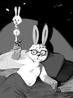 anthro biped candle candlestick eyewear fire fur fur_markings glasses gloves_(marking) head_tuft holding_candle holding_object looking_ahead looking_at_viewer lying male markings nude pose round_glasses solo tuft under_covers qs75834 animal_crossing nintendo doc_(animal_crossing) lagomorph leporid mammal rabbit digital_media_(artwork) monochrome