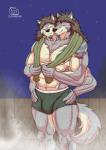 2_heads 4_arms anthro big_muscles bulge clothing fence male multi_arm multi_head multi_limb multifur muscular muscular_anthro muscular_male night sky solo standing star towel underwear soendapuss lifewonders tokyo_afterschool_summoners temujin_(tas) canid canine canis mammal wolf hi_res