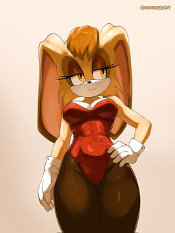 anthro breasts clothed clothing female fur gloves hair half-closed_eyes handwear mature_anthro mature_female narrowed_eyes simple_background sitting smile solo standing topwear soranygyart sega sonic_the_hedgehog_(series) vanilla_the_rabbit lagomorph leporid mammal rabbit digital_media_(artwork) hi_res