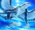 2016 5_fingers anthro blue_eyes cetacean day dolphin duo equus feathered_wings feathers feral fingers flying mammal marine nude oceanic_dolphin orca outside sun toothed_whale water wide_hips wings