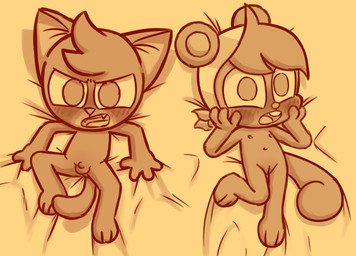 4_fingers anthro arms_bent balls bedding bedding_background bent_leg bent_legs big_eyes big_iris biped bird's-eye_view blush blush_lines blushing_profusely buckteeth clothing dakimakura duo embarrassed fangs female fingers flat_chested frown fur fur_tuft genitals hand_on_cheek hands_on_own_cheeks head_tuft headgear headgear_only headkerchief headkerchief_only headwear headwear_only high-angle_view innie_vulva iris kerchief kerchief_only loli looking_at_viewer lying male mostly_nude mostly_nude_anthro mostly_nude_female navel nipples no_pupils nude nude_anthro nude_male on_back open_mouth penis pointy_ears prick_ears pseudo_hair round_nose shota small_penis spread_legs spreading straight_leg tail teeth tongue tuft vulva wide_eyed young young_anthro young_female young_male polygon5 murphy_and_mitzi mitzi_(ajmarekart) murphy_(ajmarekart) domestic_cat felid feline felis mammal rodent sciurid tree_squirrel 2021 dakimakura_design digital_drawing_(artwork) digital_media_(artwork) monochrome sepia