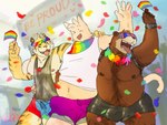 5_fingers anthro anthro_on_anthro biped brown_body brown_fur bulge countershade_face countershade_fur countershading fingers fur group interspecies lgbt_pride male male/male muscular muscular_anthro muscular_male open_mouth open_smile overweight overweight_anthro overweight_male pecs pride_colors rainbow_flag rainbow_pride_flag rainbow_symbol smile striped_body striped_fur stripes tongue tongue_out trio_focus whiskers alltoospicy lgbt_pride_month bear felid mammal pantherine tiger 2025 4:3 hi_res