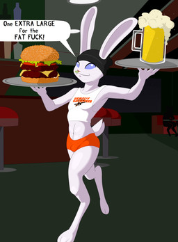 alcohol anthro bar beanie beer beverage blue_eyes bottomwear bulge burger clothing crop_top dialogue facial_piercing femboy food furniture hat headgear headwear hotpants insult insulting_viewer male nose_piercing nose_ring piercing platter rabbit_ears restaurant ring_piercing shirt shorts solo stool toned_body topwear waiter villegreen femboy_hooters lagomorph leporid mammal rabbit absurd_res hi_res
