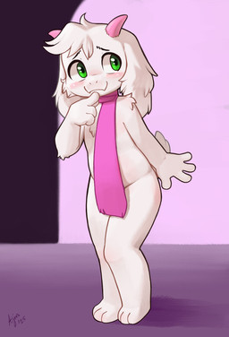2_horns 3_toes 4_fingers anthro arm_tuft biped black_eyebrows blush chest_tuft elbow_tuft eyebrow_slit eyebrows feet fingers floppy_ears fur green_eyes horn looking_aside male male_anthro mostly_nude mostly_nude_anthro mostly_nude_male pink_horn pink_scarf scarf scarf_only scut_tail short_tail shoulder_tuft solo tail text toes tuft white_body white_fur white_tail young young_anthro young_male ajin deltarune undertale_(series) ralsei bovid caprine darkner mammal 2025 artist_name dated digital_media_(artwork) hi_res