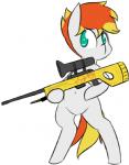 ambiguous_gender big_eyes gun hair holding_gun holding_object holding_ranged_weapon holding_weapon looking_at_viewer nude orange_hair ranged_weapon rifle short_hair simple_background solo standing teal_eyes toony weapon white_background hasbro my_little_pony dookin_foof_lord fan_character equid equine horse mammal pony