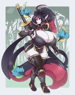 anthro armor big_breasts black_hair breasts bulging_breasts cleavage cleavage_overflow clothed clothing female fur gloves greaves hair hair_over_eye handwear huge_breasts long_hair longsword melee_weapon multicolored_hair one_eye_obstructed red_hair solo standing sword thick_thighs vambrace weapon wide_hips secretly_saucy capcom monster_hunter nikki_(saucy) avian bird domestic_cat felid feline felis mammal digital_media_(artwork) hi_res