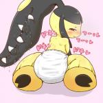 1:1 2014 alacarte blush bodily_fluids clothing diaper female generation_3_pokemon hair_mouth heart_symbol humanoid japanese_text mawile nintendo pokemon pokemon_(species) red_eyes saliva solo sweat text translation_request white_diaper