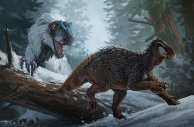 ambiguous_gender beak brown_body brown_eyes claws digitigrade duo feathers feral finger_claws looking_at_another outside plant running sharp_teeth sky snout snow teeth toe_claws tree white_body white_feathers yellow_eyes azany dinosaur feathered_dinosaur feathered_scalie haolong prehistoric_species reptile saurischian scalie theropod tyrannosauroid yutyrannus hi_res watermark