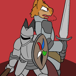 ambiguous_gender anthro armor black_horn duo full_armor fur headgear helmet horn melee_weapon open_mouth orange_body orange_fur plate_armor red_eyes shield simple_background sword weapon trout_(artist) felid kobold mammal scalie 1:1 2017 aliasing digital_media_(artwork)