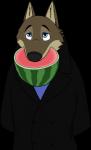 anthro blue_eyes brown_body brown_fur cheek_tuft clothed clothing coat eating facial_tuft food food_in_mouth front_view fruit fur inner_ear_fluff melon plant solo topwear tuft watermelon skunkbutt_(artist) disney zootopia larry_(zootopia) canid canine canis mammal wolf alpha_channel hi_res