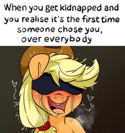 blonde_hair blush blushing_profusely bodily_fluids clothing cowboy_hat depressing depression female freckled_face freckles hair hat headgear headwear heart_symbol kidnapping motion_lines open_mouth simple_background solo tears text tongue tongue_out upper_teeth louvely friendship_is_magic hasbro my_little_pony applejack_(mlp) equid equine horse mammal pony english_text hi_res