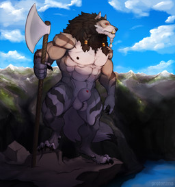 4_toes 5_fingers abs animal_genitalia anthro axe balls black_mane black_nose claws fang_ring fangs feet finger_claws fingers fur genitals grey_body grey_fur hindpaw holding_axe holding_object humanoid_hands male male_anthro mane muscular muscular_anthro muscular_male navel nipples nude nude_anthro nude_male outdoor_nudity outside paws penis penis_tip sheath solo standing teeth toe_claws toes protonano mjodvitnir canid canine canis mammal wolf hi_res