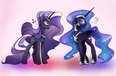 armor blue_hair blush cutie_mark duo exclamation_point feathered_wings feathers female feral hair headgear heart_eyes heart_symbol helmet horn interrobang jewelry necklace pupils purple_hair question_mark simple_background slit_pupils sparkles white_hair wings magnaluna friendship_is_magic hasbro idw_publishing my_little_pony my_little_pony_(idw) mythology nightmare_moon_(mlp) nightmare_rarity_(idw) equid equine mammal mythological_creature mythological_equine unicorn winged_unicorn 2015 hi_res