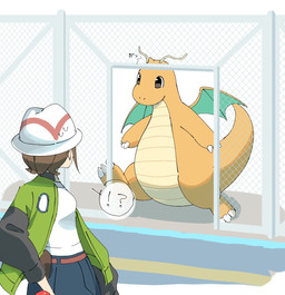 ambiguous_feral ambiguous_gender black_clothing black_topwear blue_bottomwear blue_clothing bottomwear breasts clothed clothing duo female female_human feral fully_clothed green_clothing green_topwear headgear headwear orange_body orange_scales orange_wings scales topwear ventral_scales white_clothing white_headwear white_topwear wings mashiro1559 nintendo pokemon dragonite generation_1_pokemon human mammal pokemon_(species) scalie hi_res