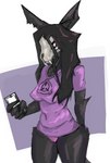 anthro bone cellphone clothing electronics fangs female hair long_hair panties phone shirt skull slightly_chubby solo teeth tight_clothing tight_shirt tight_topwear topwear underwear yamabat scp_foundation scp-1471-a canid canine malo mammal hi_res