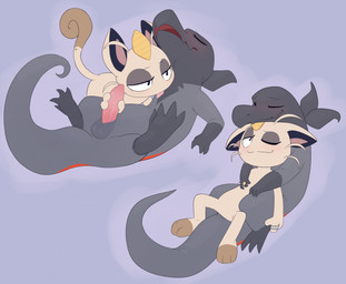 ambiguous_gender anthro anthro_on_feral balls bestiality blush cuddling curled_tail duo eyes_closed eyeshadow feral fur genitals grey_body grey_scales handjob happy hug licking makeup male male/ambiguous male_feral penile penis scales sex smile tail tan_body tan_fur tongue whiskers porldraws nintendo pokemon felid generation_1_pokemon generation_7_pokemon mammal meowth pokemon_(species) salandit hi_res female_(lore)