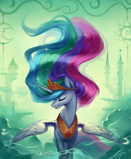 building castle cosmic_hair crescent_moon crown detailed_background ethereal_hair eyelashes eyes_closed feathered_wings feathers female feral fog hair headgear horn long_hair moon multicolored_hair nude pseudo_hair rainbow_hair smile solo sparkles sun wings landypommel friendship_is_magic hasbro my_little_pony mythology princess_celestia_(mlp) equid equine mammal mythological_creature mythological_equine winged_unicorn 2018 full-length_portrait hi_res portrait