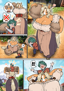 age_difference anthro anthro_focus back_boob big_breasts big_butt biped blonde_hair blue_eyes bottomwear breasts butt cleavage clothed clothing detailed_background duo eyelashes eyes_closed female female_anthro female_focus furgonomic_bottomwear furgonomics glistening glistening_breasts green_hair hair huge_breasts larger_anthro larger_female male male_human older_female orange_body outside pupils size_difference smaller_human smaller_male smile tail thick_thighs young younger_male amano_jack equid equine horse human mammal comic
