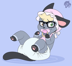 ambiguous_gender anthro bib black_body black_ears black_eyewear black_fur black_glasses black_nose black_tail blonde_hair blue_background blush blush_lines bodily_fluids bonnet bow_ribbon clean_diaper clothed clothing crying diaper embarrassed eyewear fur glasses gloves_(marking) grey_body grey_fur hair headgear headwear heterochromia leg_markings logo markings multicolored_body multicolored_fur pawpads pink_bib pink_bonnet pink_inner_ear pink_pawpads simple_background sitting socks_(marking) solo tail tears wearing_diaper wearing_glasses white_diaper bubblepuppers animal_crossing nintendo raymond_(animal_crossing) domestic_cat felid feline felis mammal archived_source artist_logo hi_res source_request male_(lore)