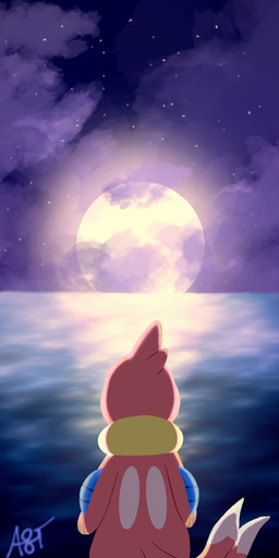 2_tails 3_toes biped cloud feet feral fur light long_tail male moon moonlight multi_tail night orange_body orange_fur orange_tail sea sky solo standing star starry_sky tail text toes water fulgito_ast nintendo pokemon buizel generation_4_pokemon pokemon_(species) 2025 artist_name hi_res