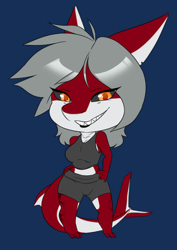 anthro black_lips black_lipstick black_sclera bottomwear chibi clothing feet grey_hair hair hands_on_hips lips lipstick looking_at_viewer makeup membrane_(anatomy) sharp_teeth shirt shorts smile solo tank_top teeth toes topwear webbed_feet furryruisu shizuko_izumi aquatic canid canine canis fish hybrid mammal requiem_shark shark tiger_shark wolf alpha_channel hi_res trans_(lore) trans_woman_(lore)