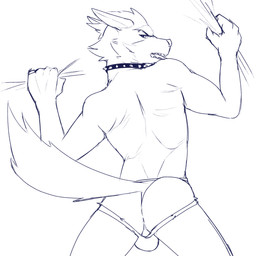 5_fingers anthro anus athletic athletic_anthro athletic_male back_muscles backsack balls barely_visible_balls barely_visible_genitalia bulge bulge_from_behind butt clothing collar ears_back fingers fur genitals grabbing_sheets humanoid_hands jockstrap looking_at_viewer looking_back looking_back_at_viewer lying male male_anthro on_front open_mouth pivoted_ears presenting presenting_hindquarters raised_tail rear_view simple_background solo spiked_collar spikes tail teeth underwear white_background jrjresq nintendo star_fox wolf_o'donnell canid canine canis mammal wolf 1:1 2019 blue_and_white digital_drawing_(artwork) digital_media_(artwork) greyscale hi_res monochrome portrait sketch three-quarter_portrait