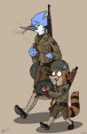 anthro armor beak cigarette clothing duo gun hat headgear headwear helmet male military nazi puttees ranged_weapon rifle smoke smoking submachine_gun swastika thompson_gun uniform weapon world_war_2 wolfjedisamuel cartoon_network regular_show mordecai_(regular_show) rigby_(regular_show) avian bird blue_jay corvid jay_(bird) mammal new_world_jay oscine passerine procyonid raccoon 2013 hi_res