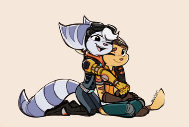 anthro bangs boots clothed clothing cybernetic_arm cybernetic_limb duo eyewear eyewear_on_head female fluffy footwear gloves goggles goggles_on_head hair handwear hug male markings one_eye_closed open_mouth open_smile ring_(marking) ringed_tail shoes simple_background sitting smile striped_markings striped_tail stripes tail tail_markings tail_tuft tuft white_hair time_fluffy500 ratchet_and_clank sony_corporation sony_interactive_entertainment ratchet_(ratchet_and_clank) rivet_(ratchet_and_clank) lombax mammal signature