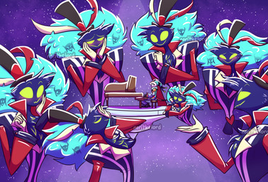 anthro blue_body blue_feathers blush chest_tuft clothing duo feathers fool's_hat grand_piano green_eyes hat headgear headwear jester_outfit keyboard_instrument male multiple_poses musical_instrument night piano pose reaction_shot singing sky spotlight_beam star starry_sky top_hat tuft norithelord hellaverse helluva_boss the_super_mario_bros_movie asmodeus_(helluva_boss) fizzarolli_(helluva_boss) avian_demon demon humanoid imp 2023 hi_res