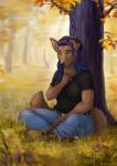 5_fingers autumn black_nose brown_body brown_fur clothed clothing day detailed_background female fingers fur grass outside plant sitting solo tree anisis canid canine canis domestic_dog mammal 2018 digital_media_(artwork)