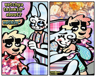 2_panel_comic aloha_shirt anthro bow_tie cheek_spots cheek_tuft cigarette cigarette_in_mouth clothing dialogue duo ears_down eyes_closed facial_tuft floppy_ears fur half-closed_eyes humor male narrowed_eyes object_in_mouth overalls pattern_clothing pattern_shirt pattern_topwear pivoted_ears shirt smile smoking_tobacco speech_bubble text topwear tuft white_body white_fur yellow_body yellow_fur rawdawgcomics bingus_(rawdawgcomics) stahli_(rawdawgcomics) bird_dog canid canine canis domestic_dog golden_retriever hunting_dog lagomorph leporid mammal rabbit retriever comic english_text