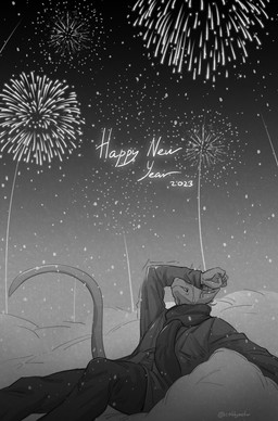 anthro bared_teeth bodily_fluids bottomwear clothed clothing crying fireworks lying male obscured_eyes on_back outside pants scarf snow snowing solo tears topwear cobu 2023 hi_res monochrome signature