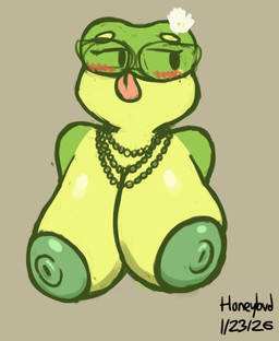 accessory anthro areola big_breasts blush breasts eyebrows eyewear female flower flower_in_hair glasses green_areola green_body green_nipples hair hair_accessory huge_breasts jewelry lime_body looking_aside necklace nipples pink_tongue plant solo tongue wearing_glasses honeybud pixile_studios super_animal_royale gwen_(honeybud) amphibian frog super_frog_(sar)