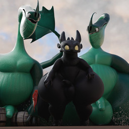 4_fingers anthro anthrofied balls barrel big_balls big_balls_small_penis big_butt biped black_body breasts butt circumcised disproportionate_genitalia erection featureless_breasts fingers genitals green_body green_eyes group hand_on_leg hand_on_thigh huge_butt humanoid_genitalia humanoid_penis hyper hyper_butt imminent_rape imminent_sex long_neck looking_at_another male mouth_closed multi_ear open_mouth outside overweight penis pupils scales sharp_teeth shocked size_difference slit_pupils small_penis splash surprised tail teeth thick_thighs trio water white_eyes wide_hipped_anthro wide_hipped_male wide_hips darkspite dreamworks european_mythology how_to_train_your_dragon mythology toothless aquatic aquatic_dragon dragon fury_(httyd) mythological_creature mythological_scalie night_fury scalie scauldron western_dragon 1:1 2025 3d_(artwork) digital_media_(artwork) hi_res watermark