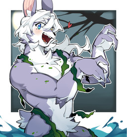anthro blue_eyes fangs fur hair heterochromia male nude purple_body purple_fur simple_background solo teeth white_body white_fur white_hair yellow_eyes shoko_contane boreas_(shoko_contane) bat mammal hi_res