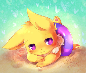 ambiguous_gender blush feral fur half-closed_eyes heart_background heart_symbol inflatable inner_tube looking_at_viewer lying narrowed_eyes neck_tuft on_front on_ground pawpads paws pink_pawpads purple_eyes purple_inner_ear purple_inner_tube raised_leg sand simple_background smile solo tuft yellow_body yellow_fur d685ab7f nintendo pokemon eeveelution generation_1_pokemon jolteon mammal pokemon_(species) digital_drawing_(artwork) digital_media_(artwork) signature unavailable_at_source