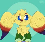 asian_clothing blue_eyes clothing east_asian_clothing eyes_closing feathered_wings feathers flapping fluffy fur head_wings japanese_clothing kimono nose_marking unusual_wing_placement wings yellow_body yellow_fur conditional_dnp pocketpaws animated short_playtime