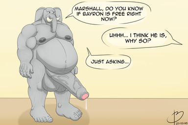 5_fingers 5_toes anthro asking asking_another asking_why balls biceps big_balls big_penis blue_eyes bodily_fluids body_hair dialogue feet fingers foreskin genital_fluids genitals grey_body grey_skin hair hairy hairy_balls huge_penis hyper hyper_genitalia hyper_penis male musclegut muscular muscular_anthro muscular_male name_drop name_in_dialogue nipples nude obese obese_anthro obese_male offscreen_character overweight overweight_anthro overweight_male partial_line_speech_bubble penis precum proboscis_(anatomy) question simple_background solo speech_bubble talking_to_another text toes trunk_(anatomy) tusks vein yes-no_question bayron_(artist) forrest_(bayron) elephant elephantid mammal proboscidean 3:2 english_text hi_res