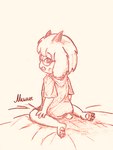 ambiguous_gender anthro barefoot bed blush bottomwear clothing cute_fangs eyewear fangs feet floppy_ears fur furniture glasses hindpaw horn on_bed pawpads paws shirt short_sleeves shorts shy simple_background sitting sitting_on_bed solo tail teeth topwear white_body white_fur young milin_goatmonsto deltarune undertale_(series) ralsei bovid caprine goat mammal absurd_res hi_res male_(lore)