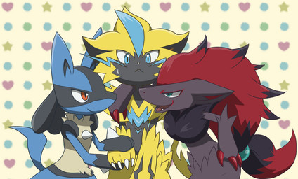 :< ambiguous_gender anthro blue_eyes bodily_fluids claws close-up fangs fur group hair long_ears long_hair looking_at_viewer nude open_mouth pattern_background red_eyes sharp_teeth simple_background smile spikes standing sweat teal_eyes teeth tongue enon enone nintendo pokemon canid canine felid generation_4_pokemon generation_5_pokemon generation_7_pokemon legendary_pokemon lucario mammal pokemon_(species) zeraora zoroark hi_res